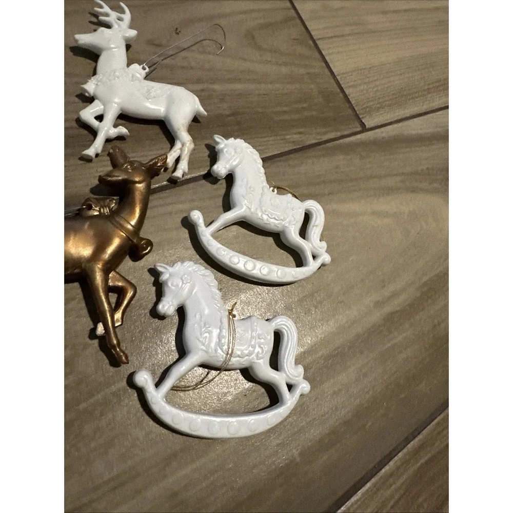Vintage Christmas ornaments Lot of 7 Blow Mold-plastic reindeer & rocking horses